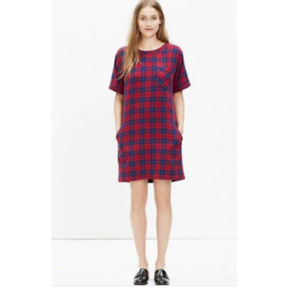 Madewell Dresses & Skirts - Madewell Plaid Tunic Shirt Dress Red Blue Short Sleeve Pockets XXS